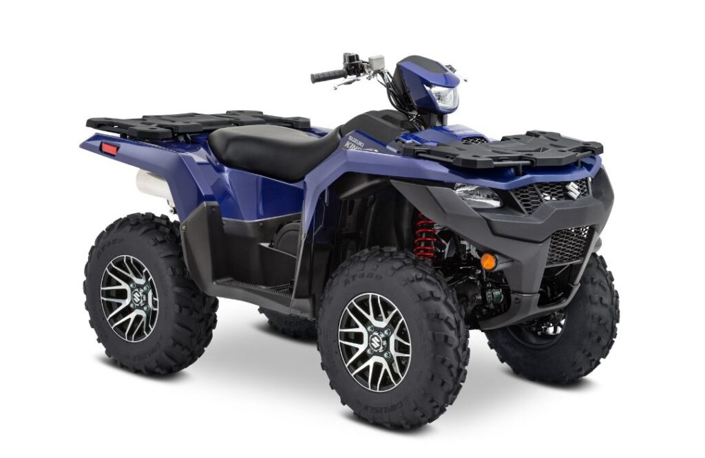 Suzuki King Quad 750 AXI on a plain white background, known for its ruggedness and reliability in challenging terrains.