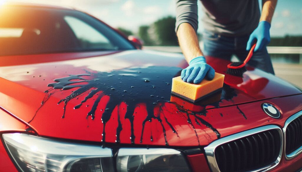 Car with tar on it, demonstrating how to remove tar from car paint.