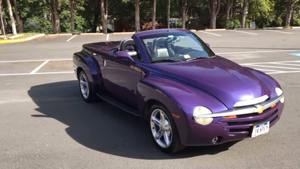 The Chevrolet SSR, a hybrid pickup and convertible roadster with an overly bubbly design, noted for its awkward proportions.