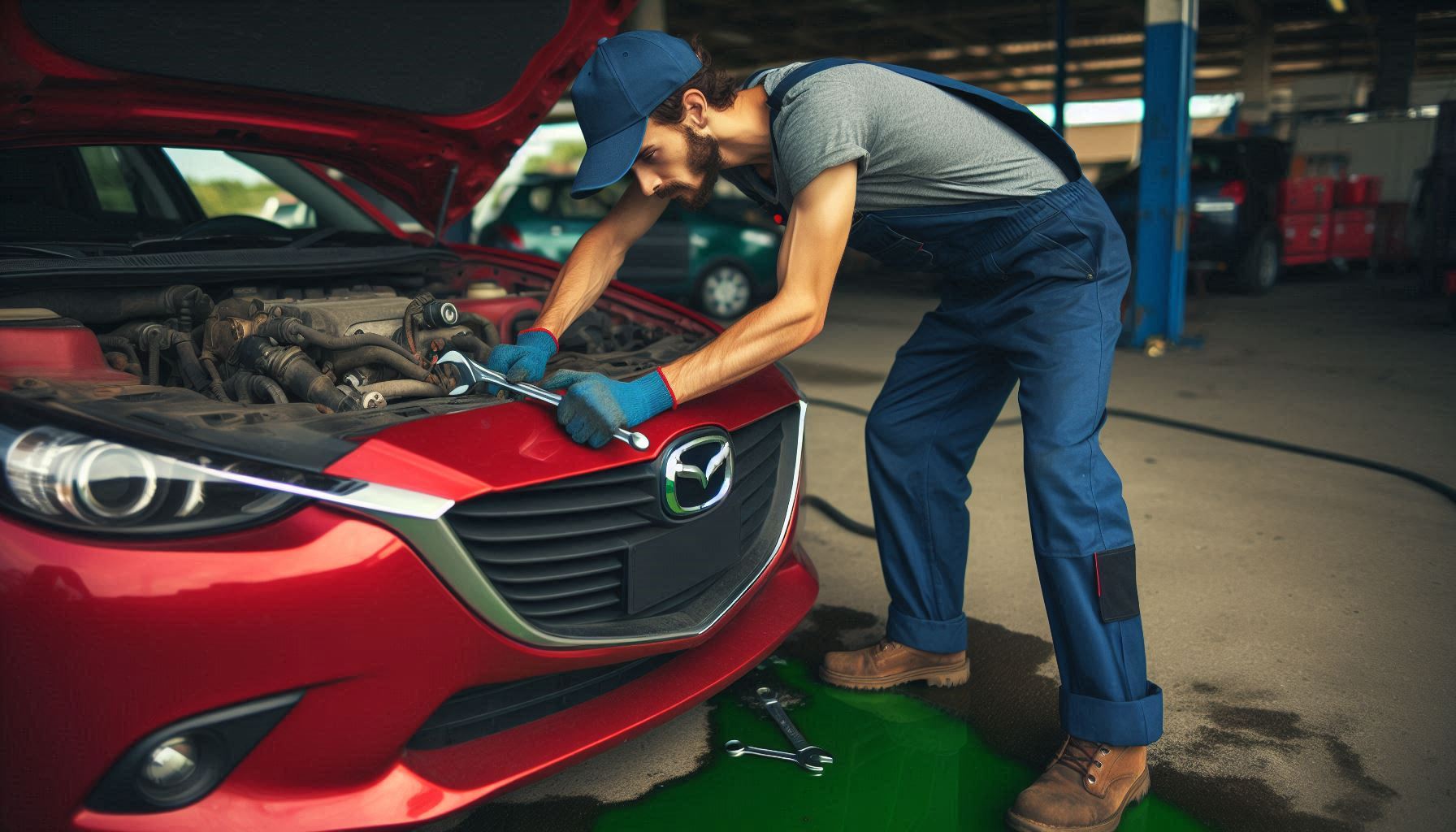 Mechanic demonstrating How to Fix Leaking Coolant in a 2009 Mazda 3