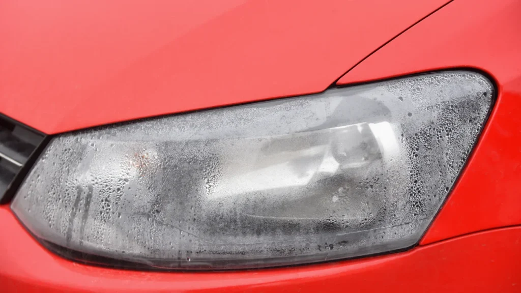 Close-up of a foggy headlight showing why learning how to fix foggy headlights without a kit is important.