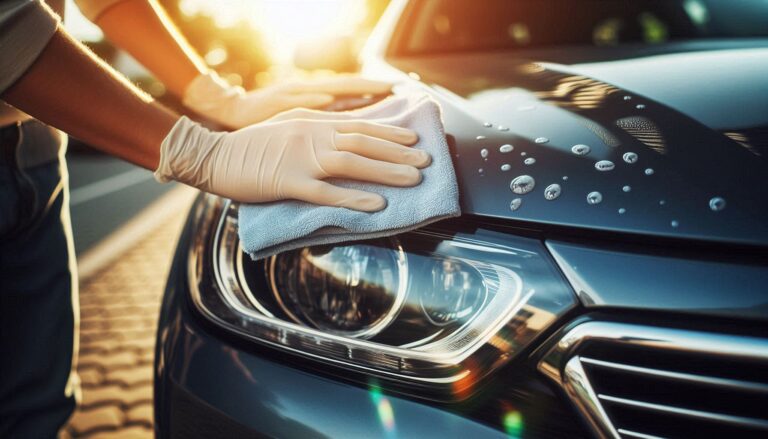 Person wiping a car headlight as part of how to fix foggy headlights without a kit.