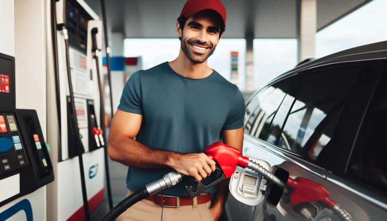 Man pumping gas into car - how to improve fuel efficiency in older cars.